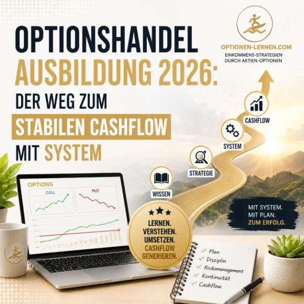 Hero-Grafik Optionshandel Ausbildung 2026 mit Laptop, Strategien, System, Cashflow und Erfolgsgarantie