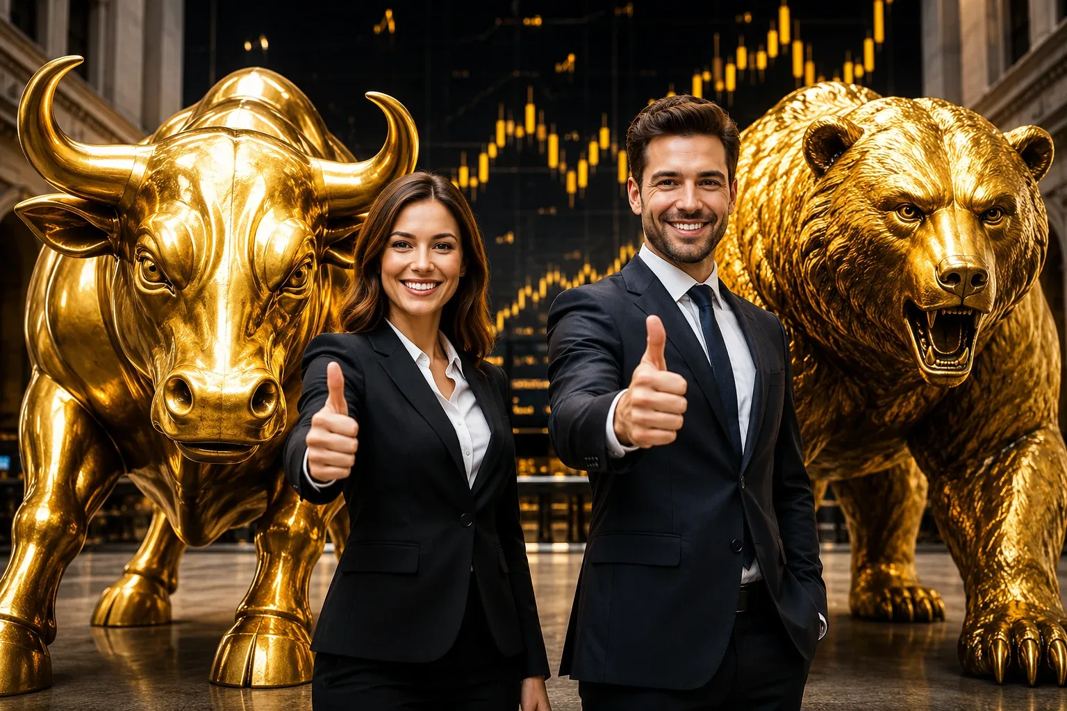 Zwei Geschäftsleute mit Daumen hoch vor goldenen Bulle und Bär Statuen, Börsendiagramme im Hintergrund