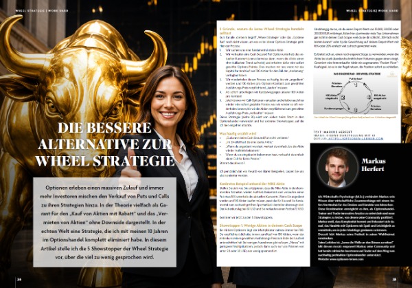 Trader-Magazin-Doppelseite mit Markus Herfert und goldener Bulle, Artikel Die bessere Alternative zur Wheel Strategie