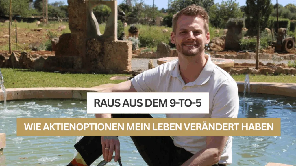 Markus Herfert sitzt an Pool im grünen Freizeitgewand mit Text Raus aus dem 9-to-5 Wie Aktienoptionen mein Leben verändert ha