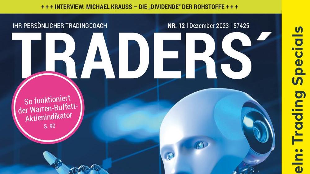 Traders Magazin Cover Dezember 2023 mit KI-Roboter-Kopf und Warren-Buffett-Aktienindikator