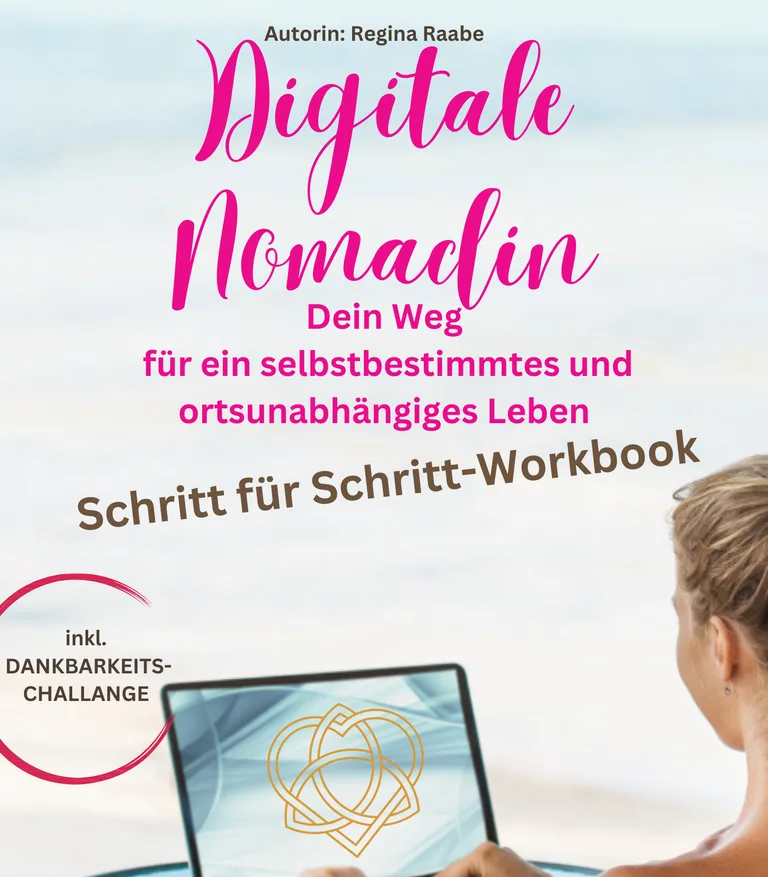 Workbook-Cover mit pinkem Text und Frau am Laptop