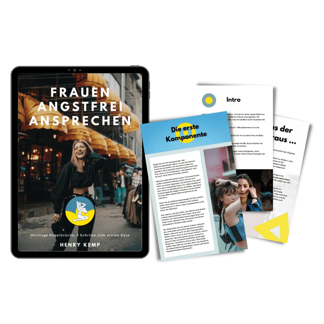 E-Book Mockup Frauen angstfrei ansprechen mit Tablet und aufgeschlagenen Seiten