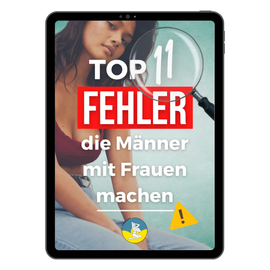 Tablet Mockup Top 11 Fehler die Männer mit Frauen machen, Lupe Symbol