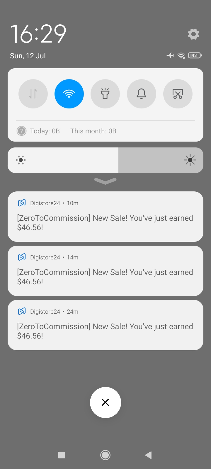 Digistore24 Mobile-App Benachrichtigungen zeigt mehrere Verkaufsbestätigungen für ZeroToCommission-Produkt im 10–24-Minuten-A