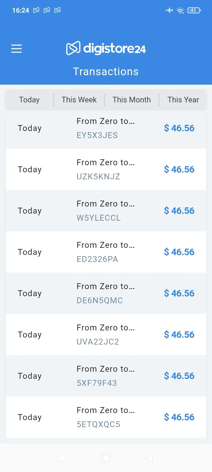 Digistore24 Transactions-Dashboard mit Tagesübersicht zeigt acht Verkäufe à 46,56 USD für ZeroToCommission-Produkt