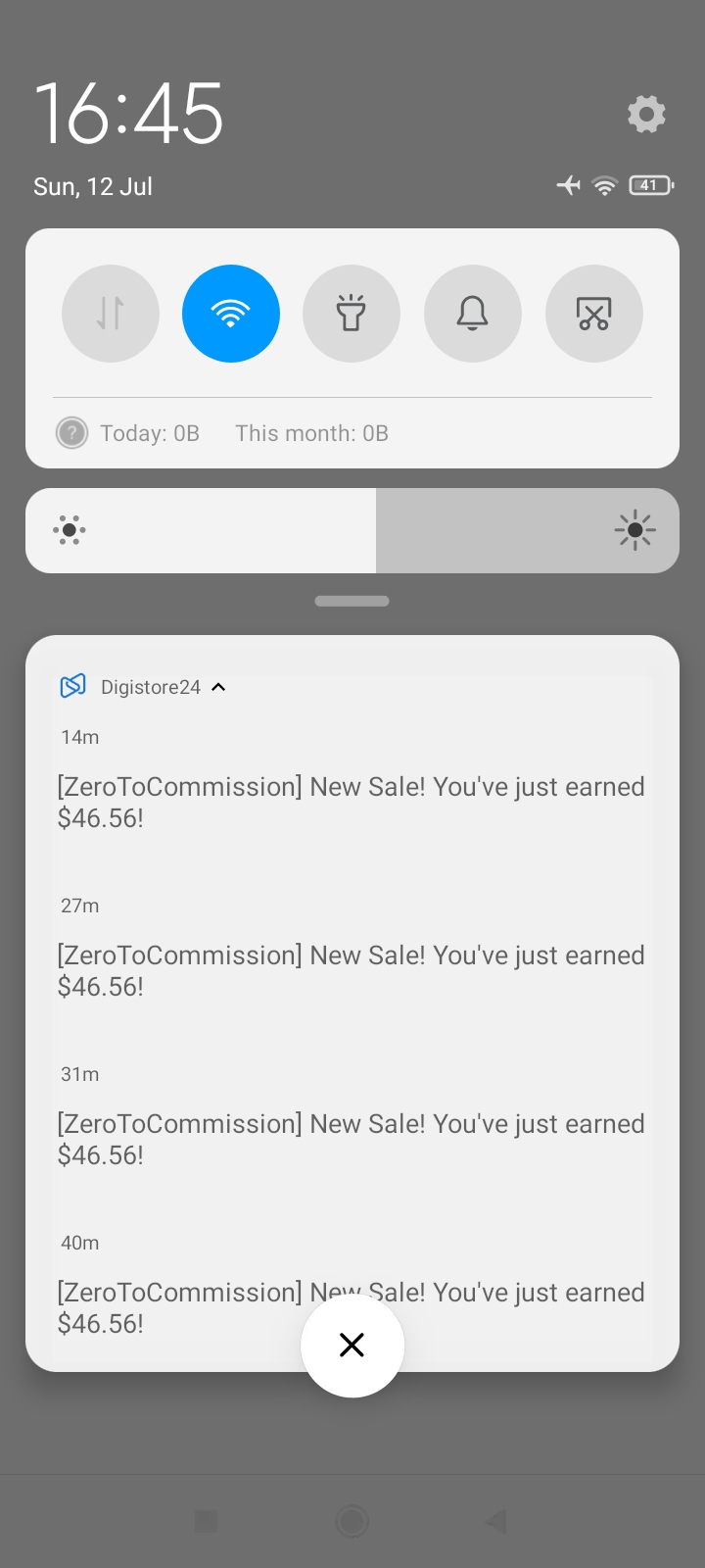 Android-Benachrichtigungen von Digistore24 zeigt vier Verkäufe à 46,56 USD im Minutenabstand