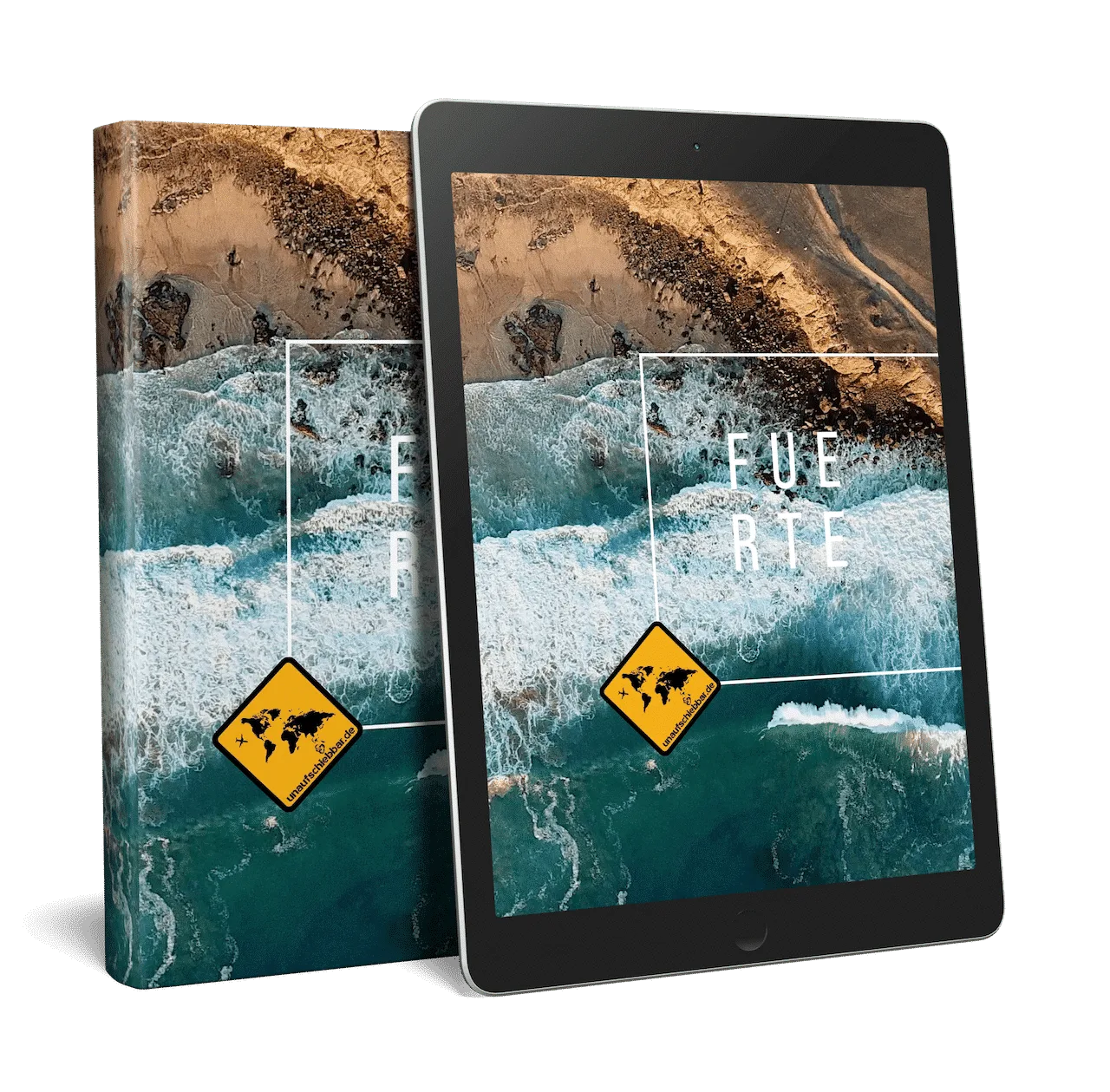 Fuerteventura Bildband als E-Book auf Tablet und E-Reader Gerät, beide zeigen identisches Küsten-Luftaufnahme Cover Design
