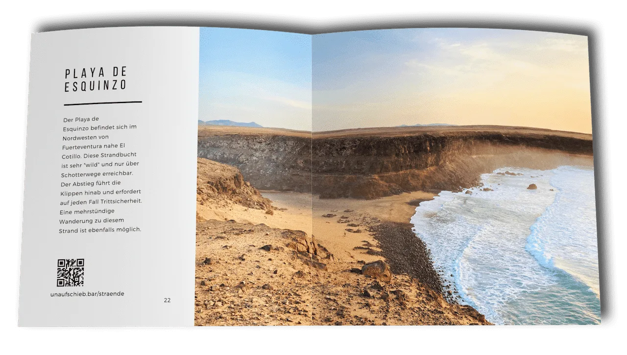 Bildband-Seite Playa de Esquinzo mit Textabschnitt und Großfoto einer wilden Strandbucht mit Klippen und Brandung