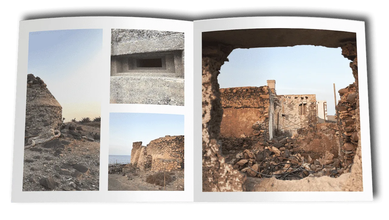 Bildband-Seite mit vier Detailfotografien von historischen Bunkern und Befestigungen an der Küste Fuerteventuras