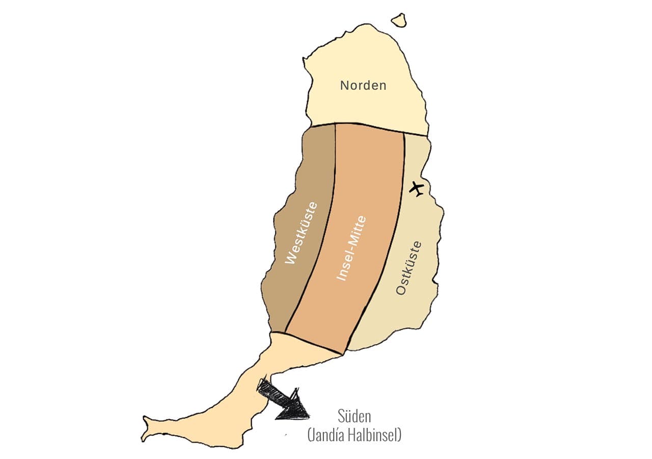 Fuerteventura Karte mit Regionen Norden, Westküste, Inselmitte, Ostküste und Süden (Ulandia Halbinsel)