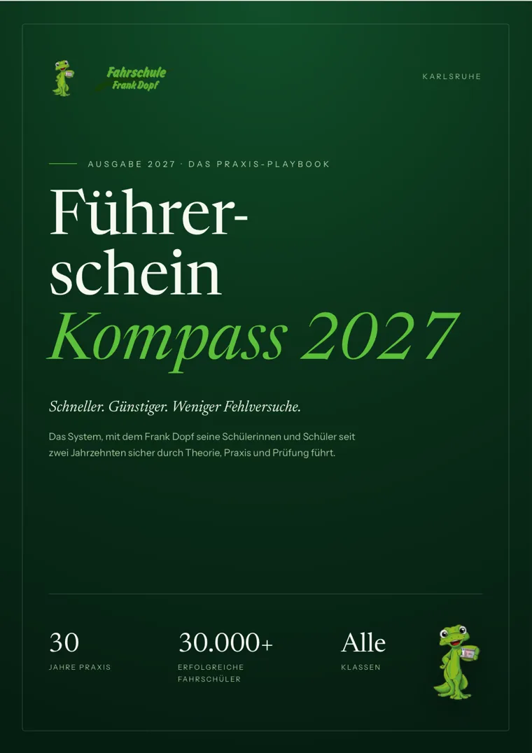 Führerschein-Kompass 2027 E-Book Cover mit Frosch-Maskottchen und Fahrschule Frank Dopf Branding