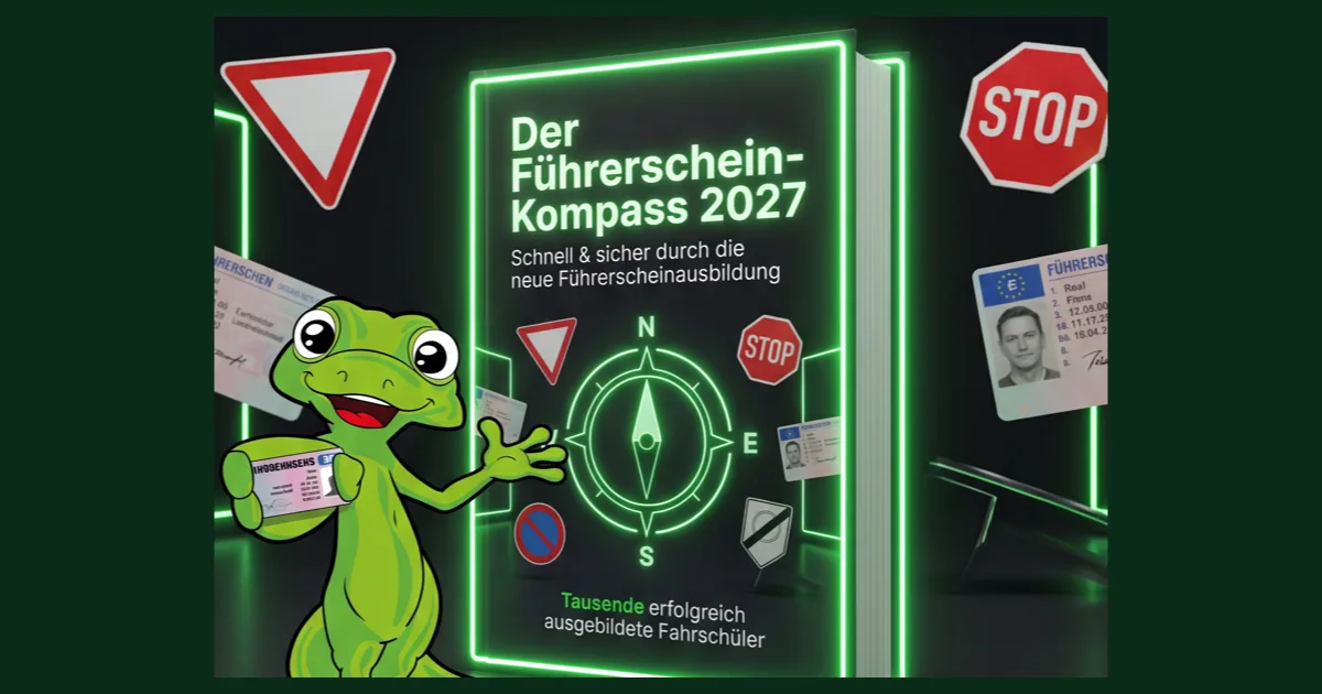 Führerschein-Kompass 2027 Buch mit Neon-Design, Verkehrsschildern und grünem Frosch-Maskottchen