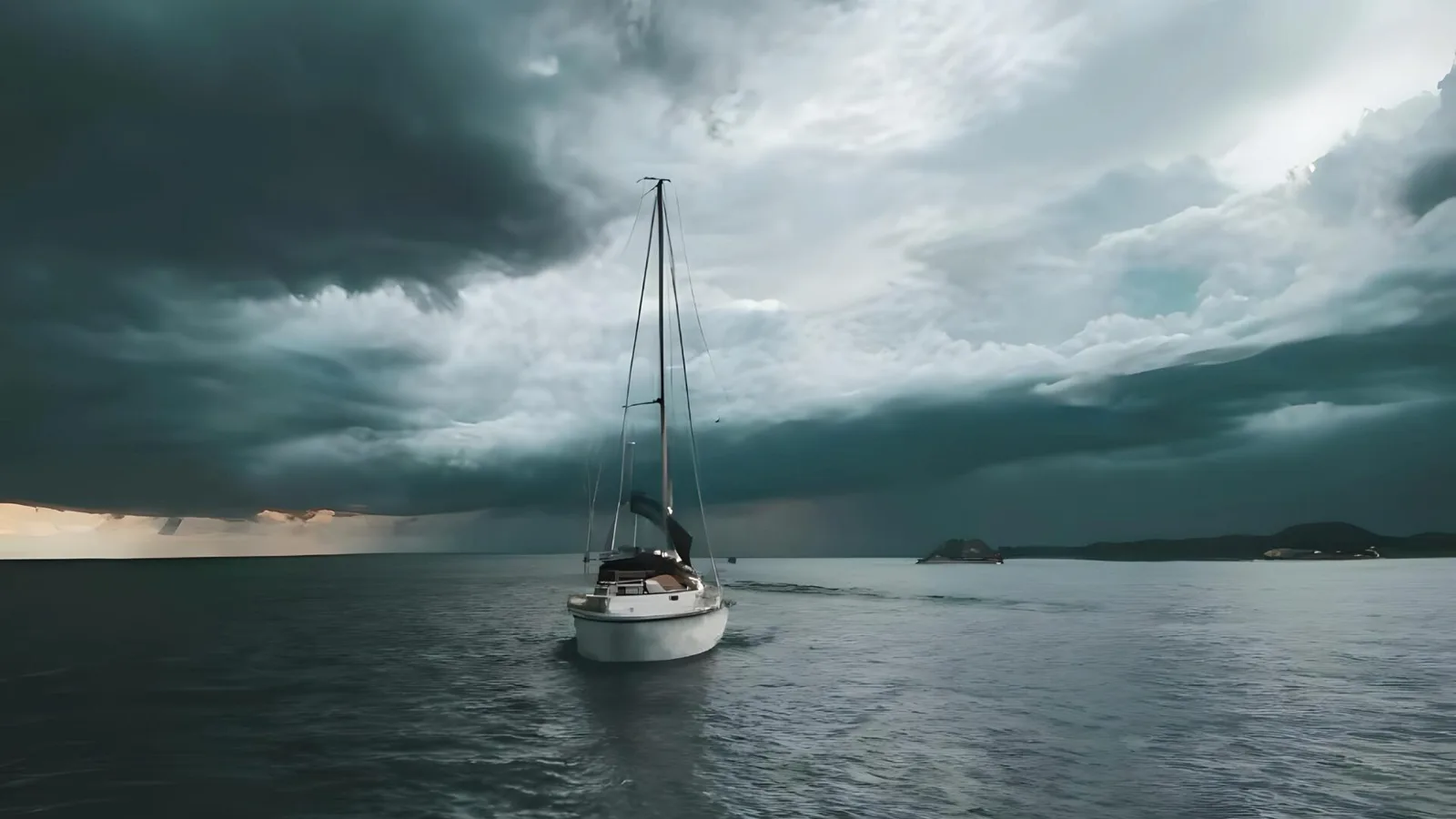 Segelboot in stürmischen Gewässern mit dramatischem Himmel