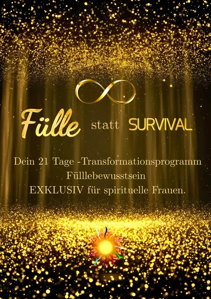 Cover Workbook Fülle statt Survival mit goldenem Glitterdesign und Infinity-Symbol