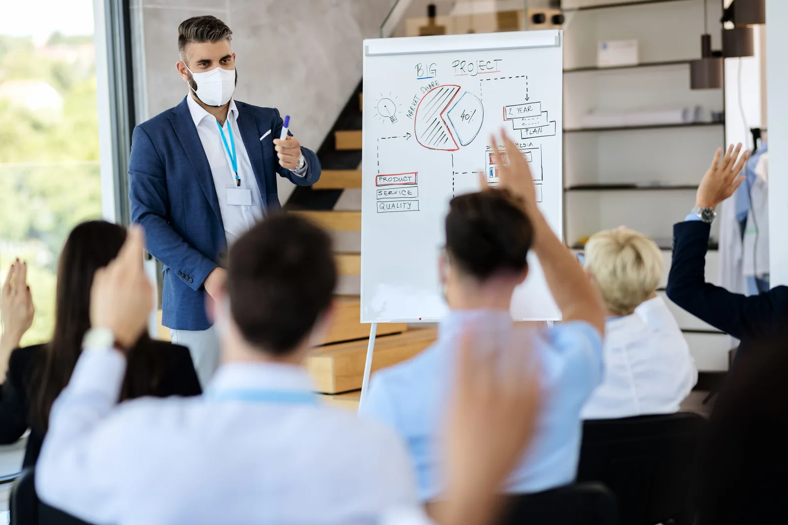 Mann in Anzug mit Maske präsentiert Projekt an Whiteboard vor Publikum – Geschäftsmeeting