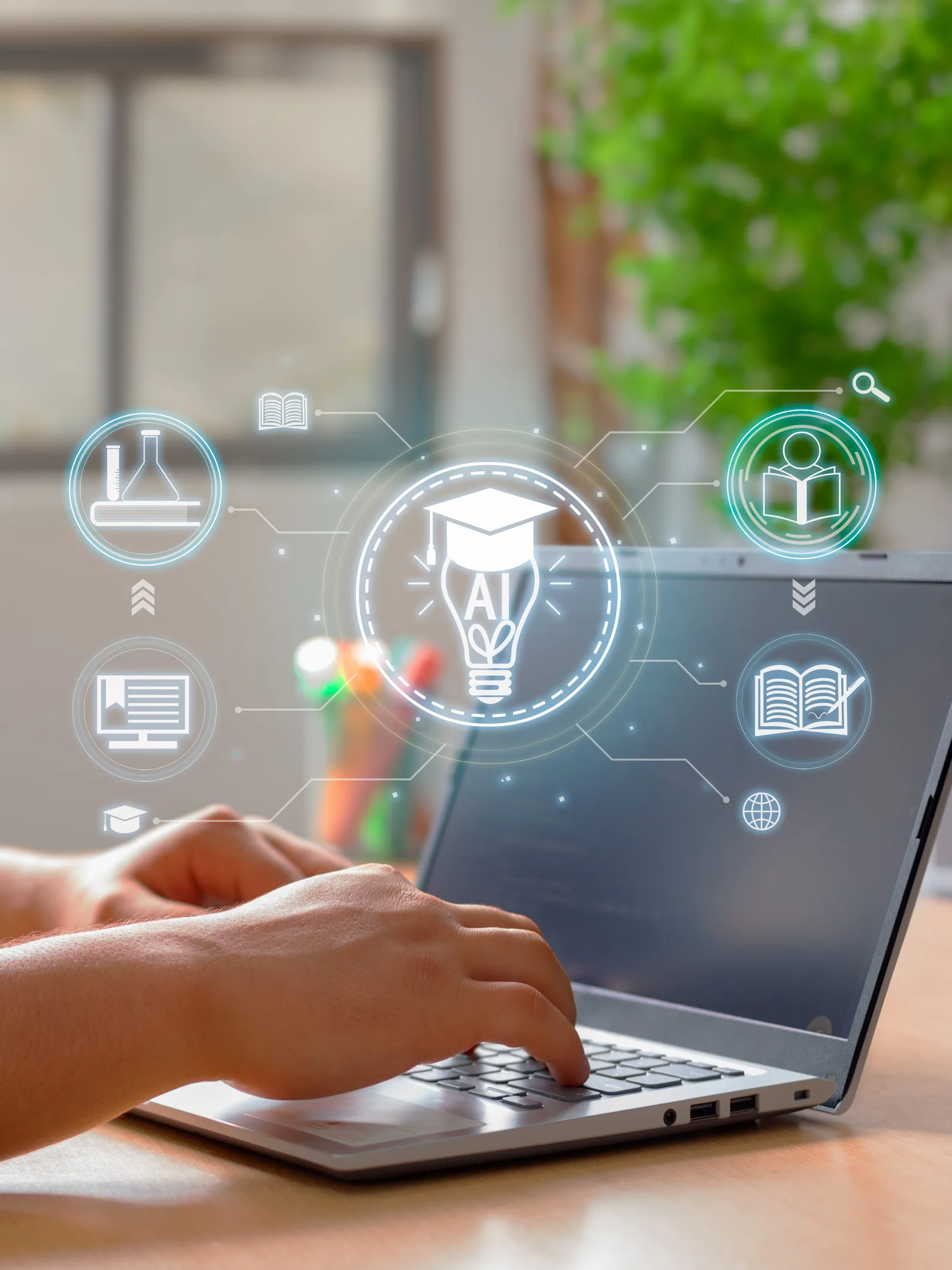 Laptop mit Hand und digitalen Bildungssymbolen – Wissenschaft, Bücher, Lupe, Benutzer, Lernkonzept