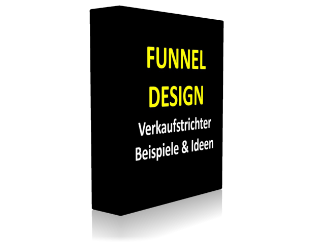 Funnel Design Produktbox in 3D mit gelbem Text auf schwarzem Hintergrund