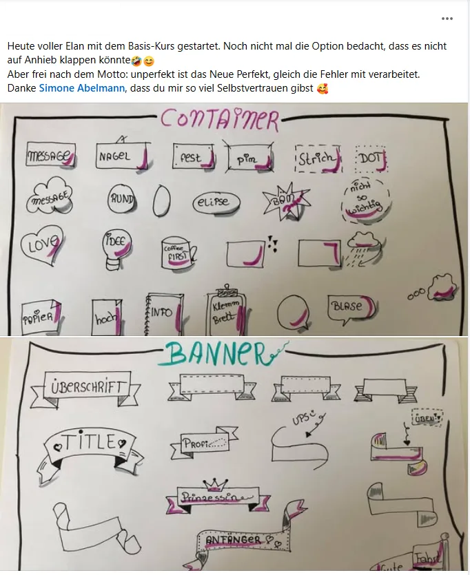 Basiskurs Kundenfeedback mit handgezeichneten Sketchnote-Übungen zu Containern und Bannerelementen