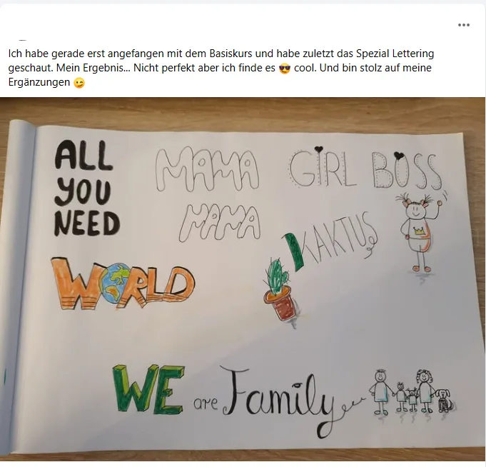Kundenfeedback Basiskurs mit Sketchnote-Posterbeispiel zu Lettering und farbigen Designelementen