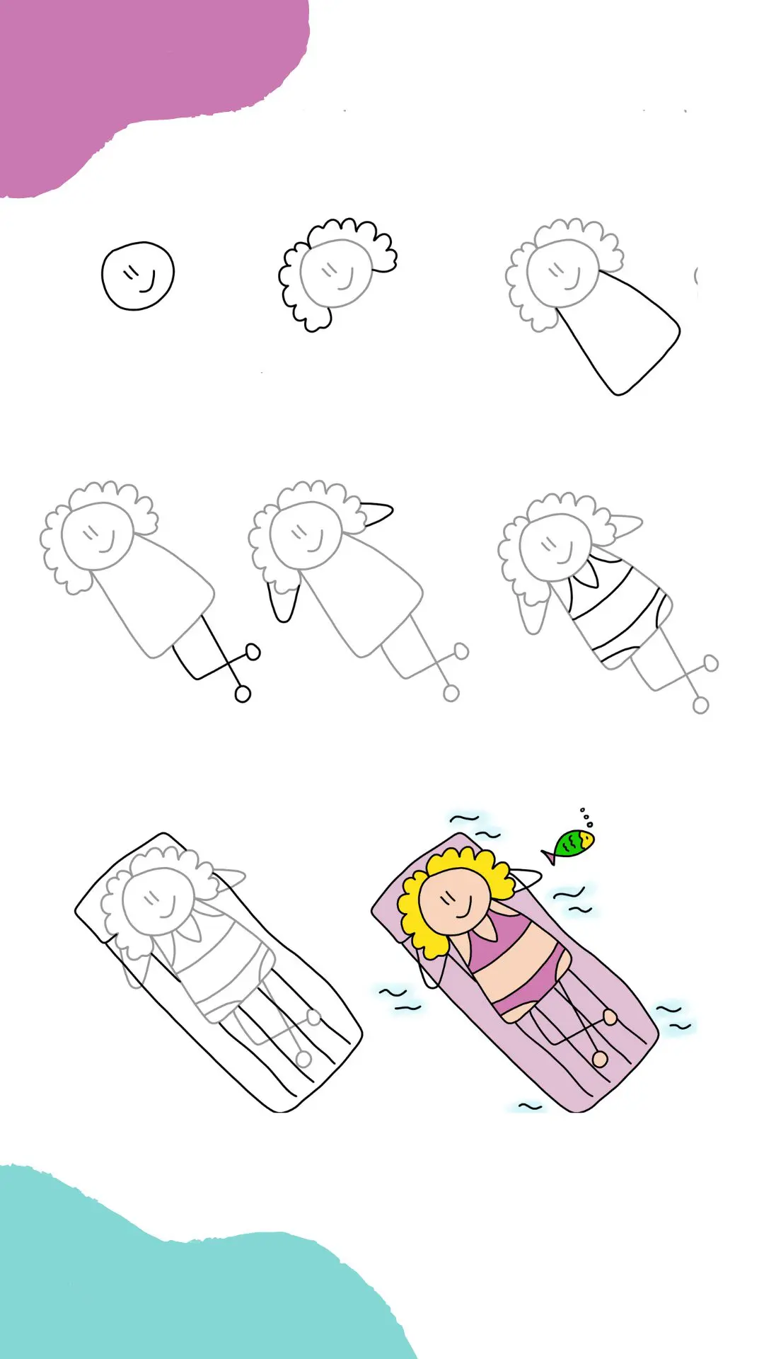 Funny Sketchnotes Summer Vibes – E-Book mit Zeichenvorlagen 4 Schritt-für-Schritt Zeichenanleitung für eine Person auf Luftmatratze in 9 Schritten