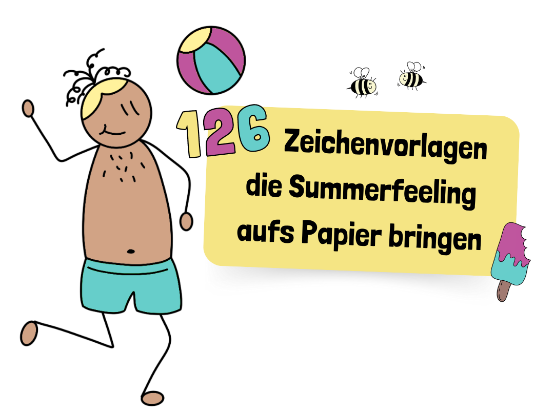 Funny Sketchnotes Summer Vibes – E-Book mit Zeichenvorlagen 5 Ebook-Werbegrafik mit illustrierter Person und Ankündigung von 126 Zeichenvorlagen
