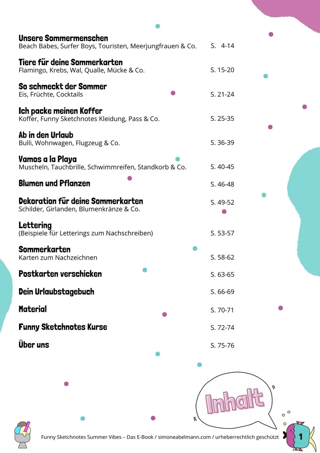 Funny Sketchnotes Summer Vibes – E-Book mit Zeichenvorlagen 6 Inhaltsverzeichnis des Summer Vibes Ebooks mit Kapitelübersicht und Seitennummern