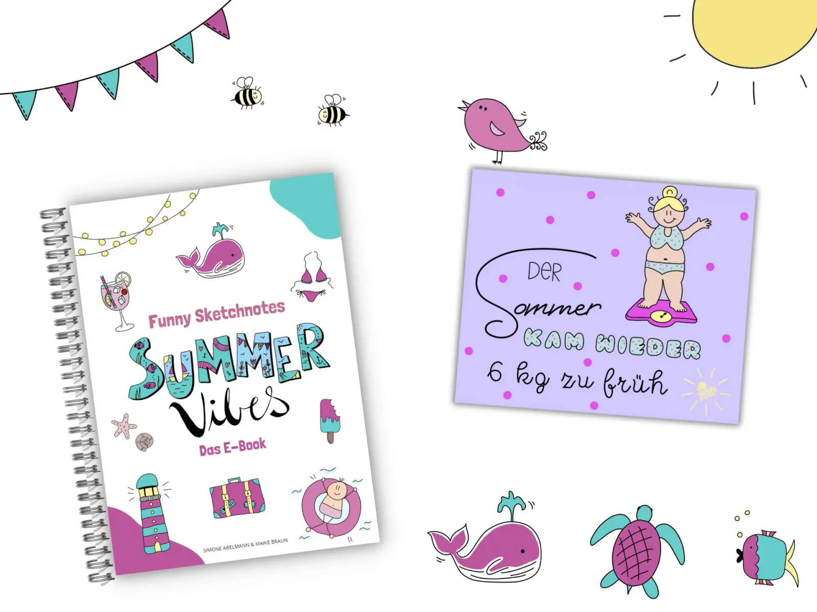 Funny Sketchnotes Summer Vibes – E-Book mit Zeichenvorlagen 7 Sales Page für Funny Sketchnotes Summer Vibes E-Book mit Produktmockup und Bonusmaterial