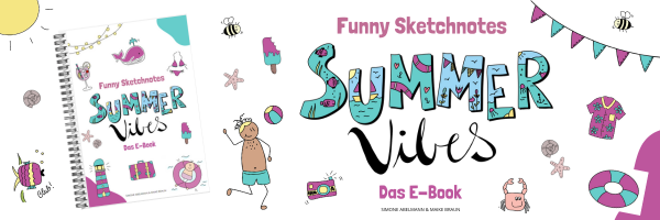Funny Sketchnotes Summer Vibes – E-Book mit Zeichenvorlagen 2 Header-Banner für Funny Sketchnotes Summer Vibes E-Book mit bunten Illustrationen und Schriftzug