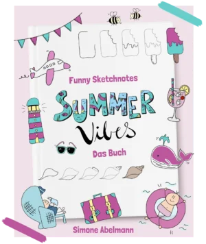 Cover des Funny Sketchnotes Summer Vibes Ebooks mit bunten Sommer-Illustrationen