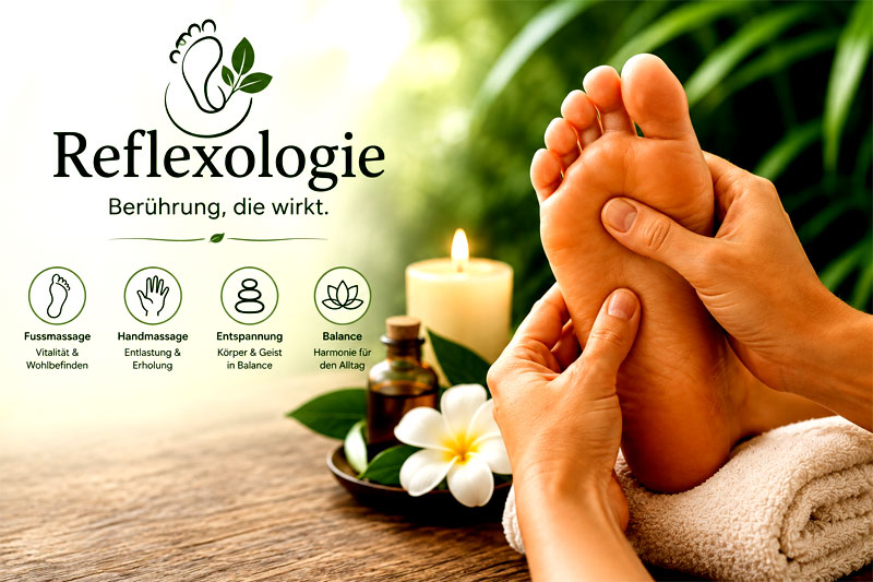 Reflexologie Hero-Banner mit Fußmassage, Behandlungsangeboten und Wellness-Elementen
