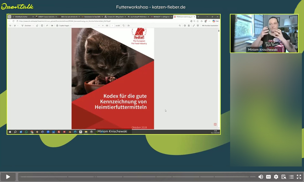 Futter-Workshop: Finde das richtige Futter für deine Katze 6 Videostandbild Workshop-Einblick zeigt Futter-Deklaration Code mit Miriam Knischewski