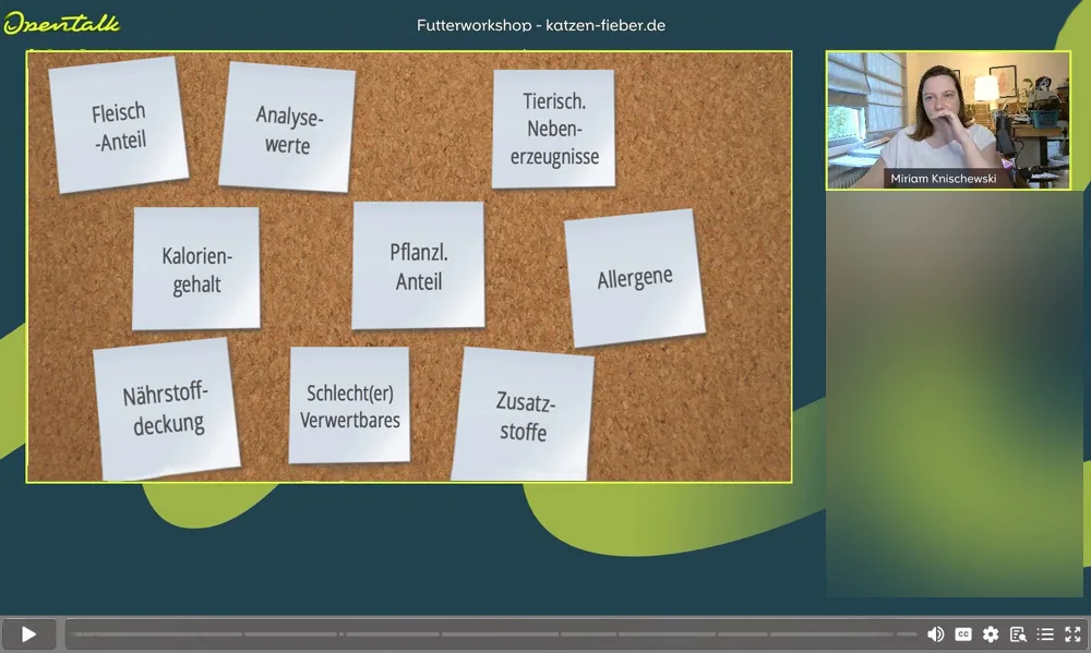 Futter-Workshop: Finde das richtige Futter für deine Katze 5 Videostandbild aus Workshop-Einblick zeigt Korktafel mit Futter-Analysekategorien und Miriam Knischewski