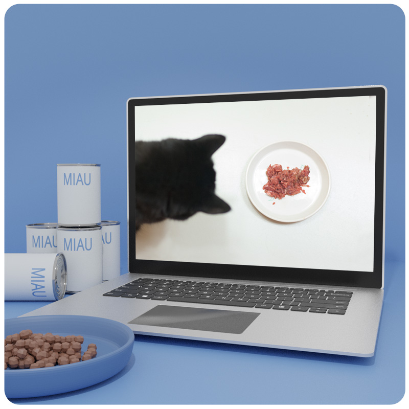 Laptop-Mockup mit schwarzer Katze und Futterteller auf blauem Hintergrund, umgeben von MIAU-Behältern und Fressnapf