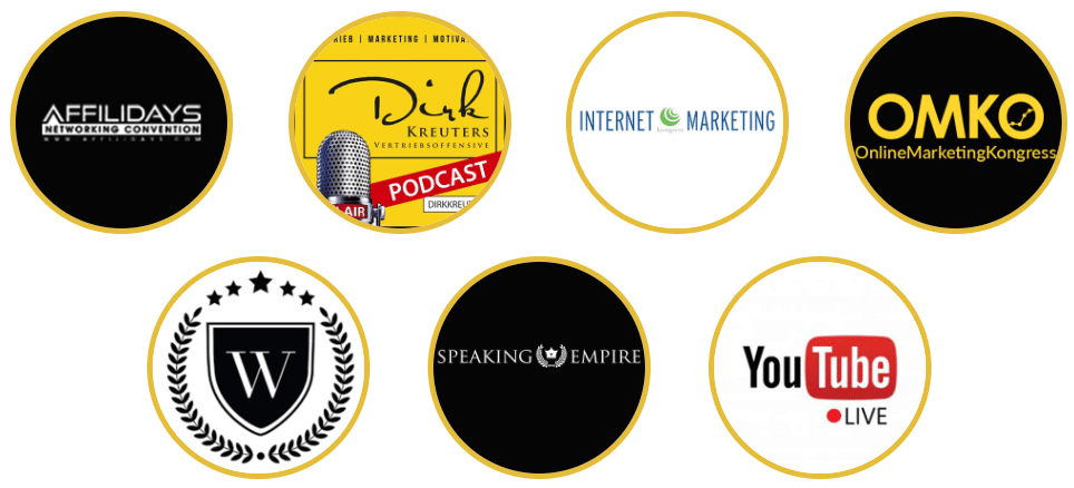 Bekannt aus: Affilidays, Dirk Kreuters Podcast, Internet Marketing, OMKO, Wertschätzungs-Logo, Speaking Empire, YouTube Live