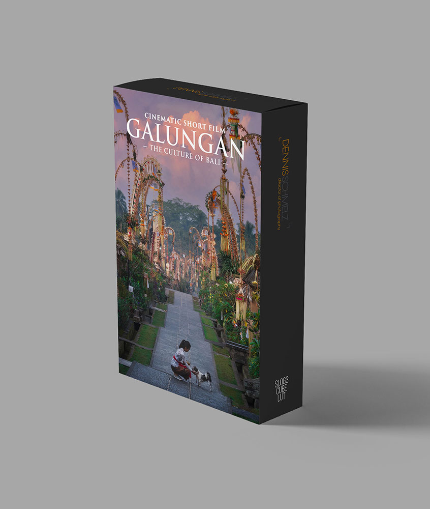 Software Box Mockup des Galungan SLOG3 LUT Package von Dennis Schmelz mit schwarzer Schachtel und Balinesen-Motiv