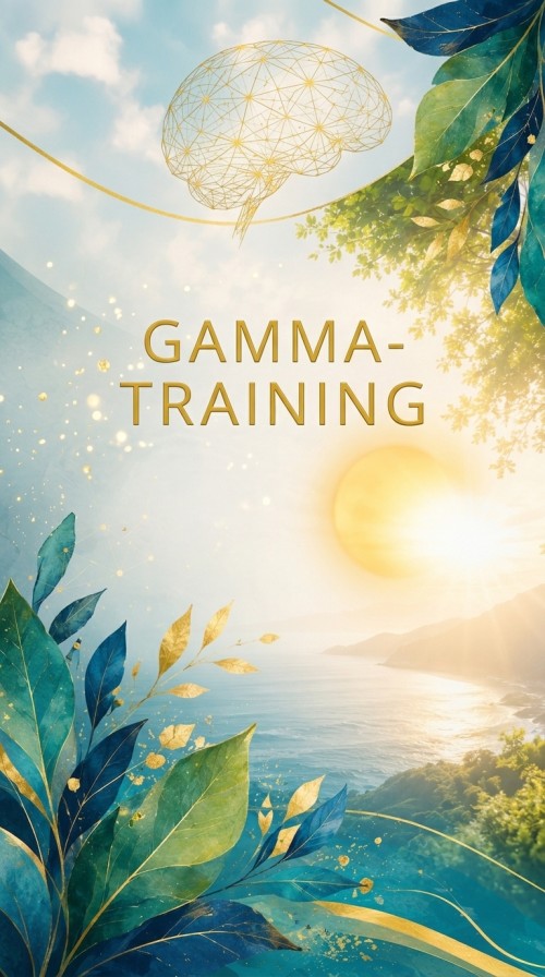 Gamma-Training Premium Cover mit geometrischem Gehirn, Blättern und Sonnenaufgang über Wasser