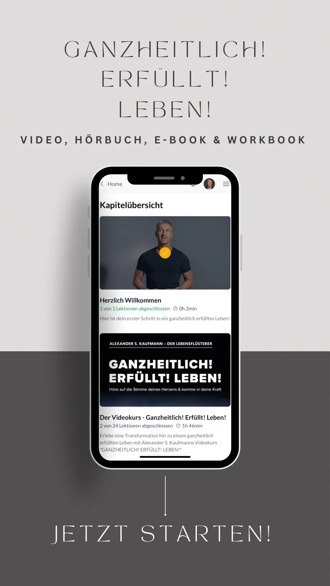 CopeCart-Screenshot zeigt Kursplattform mit Willkommens-Video und Modulübersicht zum Kurs Ganzheitlich! Erfüllt! Leben!