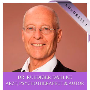 Porträt Dr. Rüdiger Dahlke mit Brille vor rostfarbenem Hintergrund, lila Kongress-1-Label, Berufsbezeichnung Arzt Psychothera