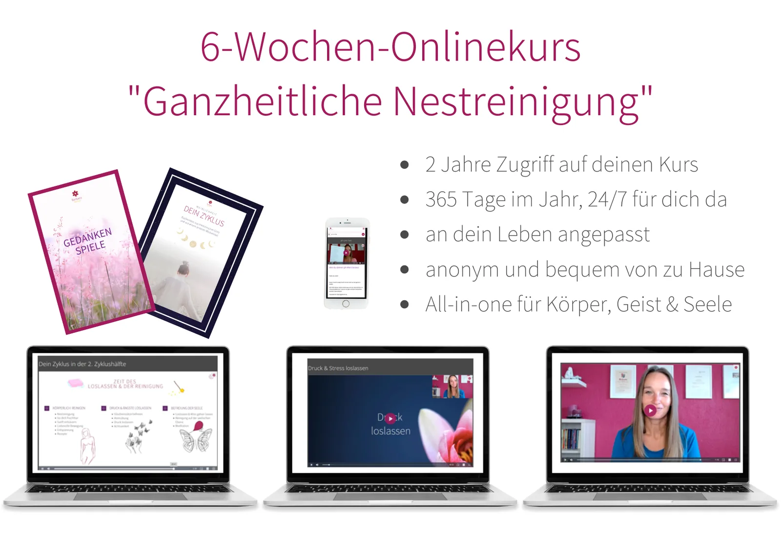 Übersicht 6-Wochen-Onlinekurs Ganzheitliche Nestreinigung mit Kursmaterialien, Smartphone und Laptops