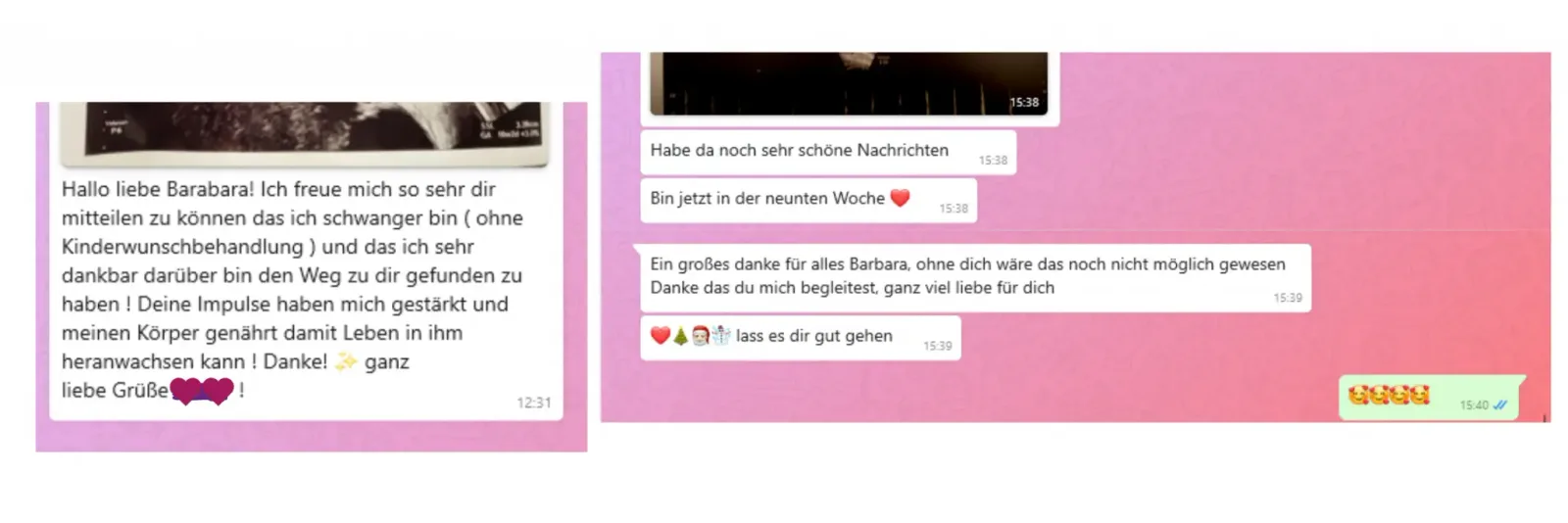 WhatsApp-Kundenstimmen mit mehreren Nachrichten über Erfolge und Dankesaussagen