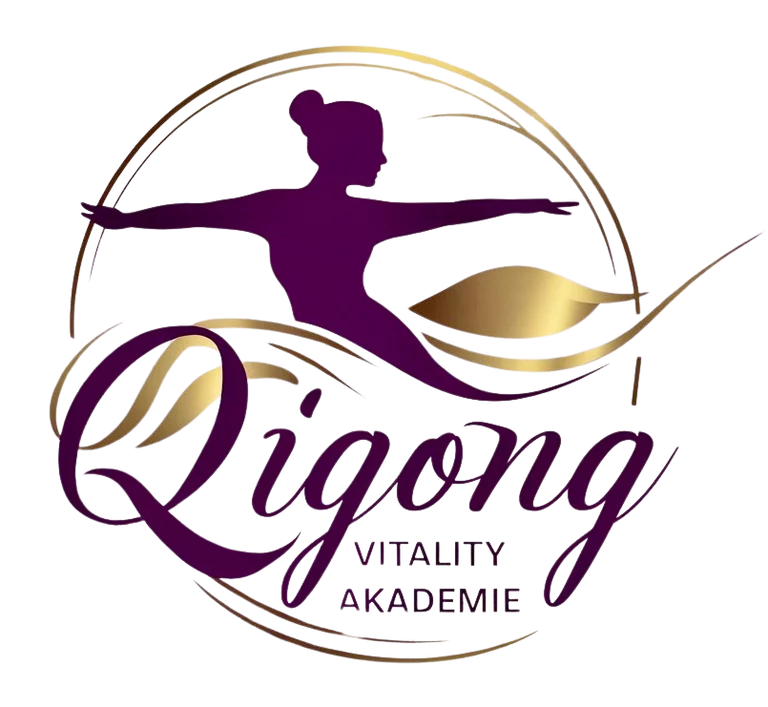 Qigong Vitality Akademie Logo mit Frauensilhouette und goldenem Design