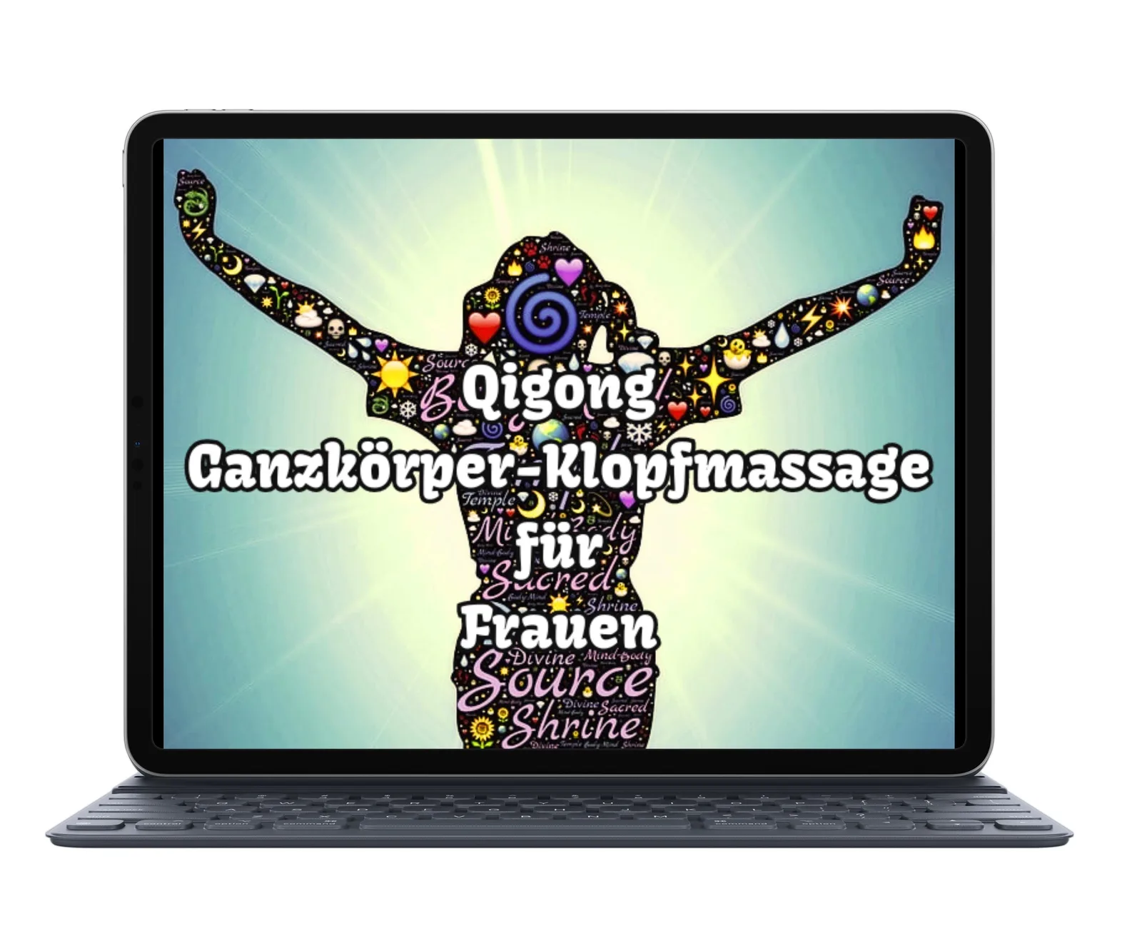 Laptop-Mockup mit Qigong Ganzkörper-Klopfmassage Kurs für Frauen