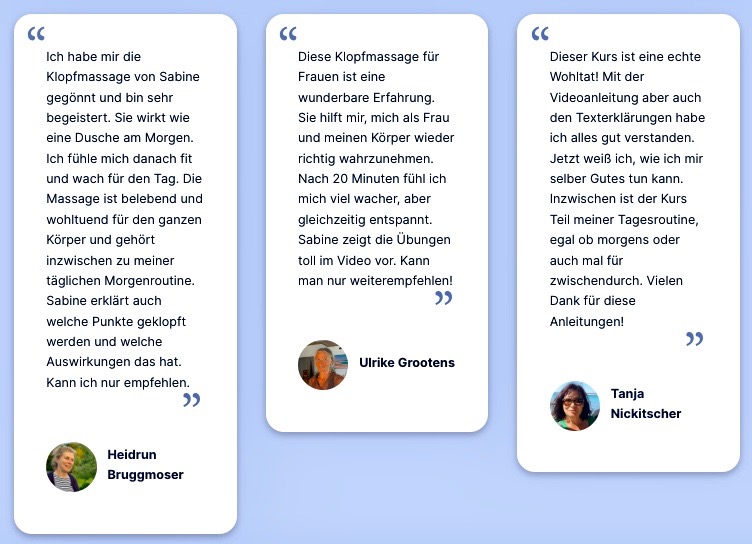 Kundenbewertungen von drei Frauen mit Profilbildern und Testimonials