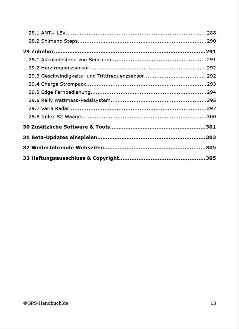 Garmin Edge 1030 Plus und Garmin Edge 1030 Handbuch von Joachim Bardua 14 Garmin Edge 1030 Handbuch Inhaltsverzeichnis Seite 13 mit Kapiteln zu Zubehör, ANT+ LEV, Software-Tools und Copyright
