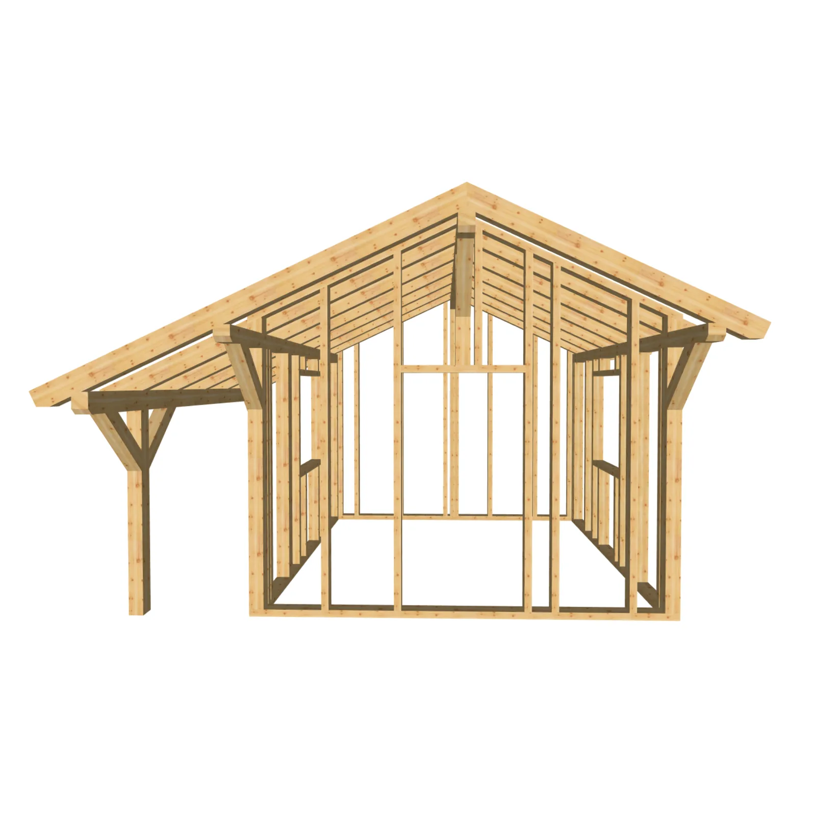 Gartenhaus 2 – Frontansicht der Holzkonstruktion mit Giebeldach und Vordach
