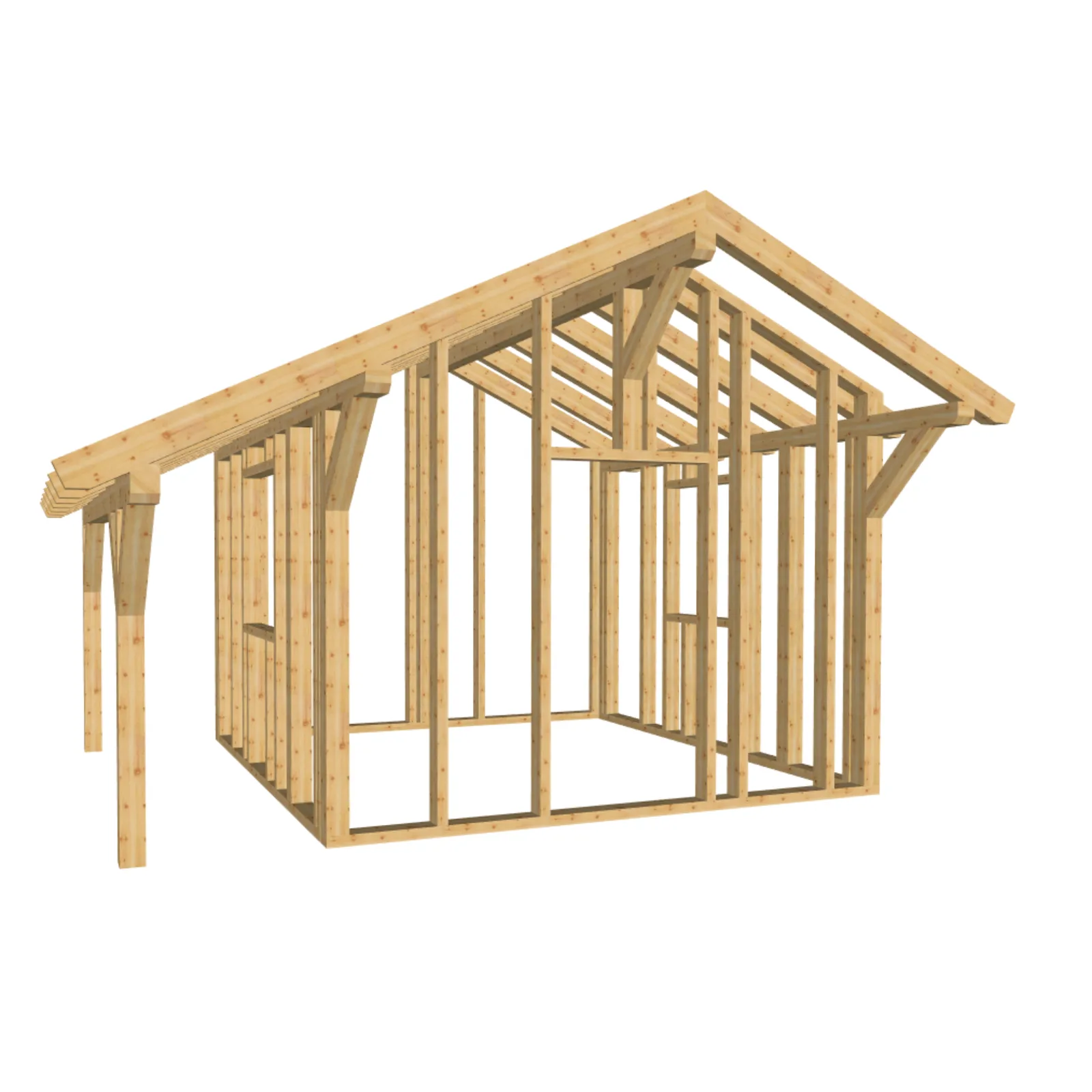 Bauplan Gartenhaus 2 – Holzkonstruktion mit Satteldach und Vordach in 3D-Isometrie
