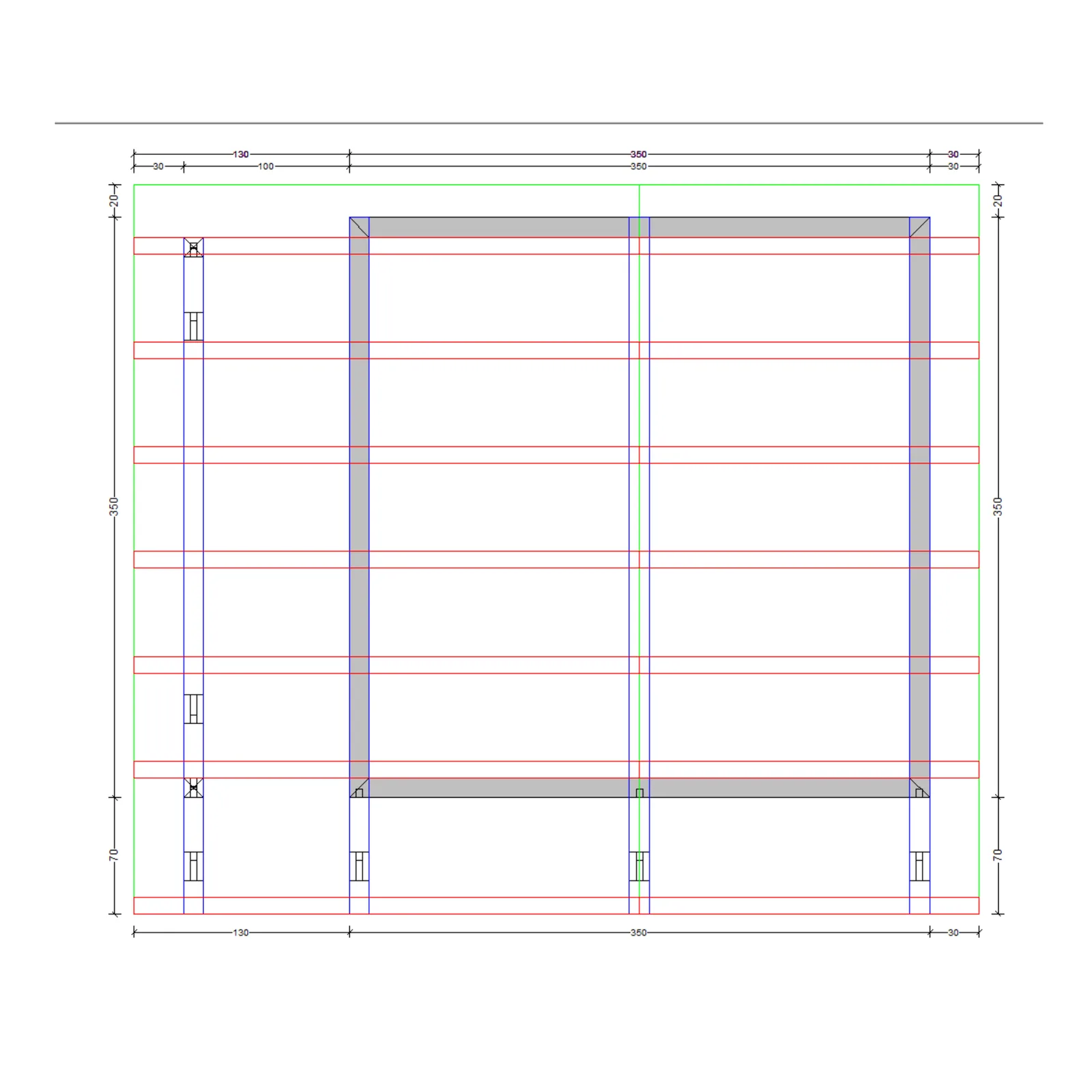 Gartenhaus 2 – Draufsicht mit Bemaßungen in mm, Grundfläche ca. 350x380 cm mit Vordach