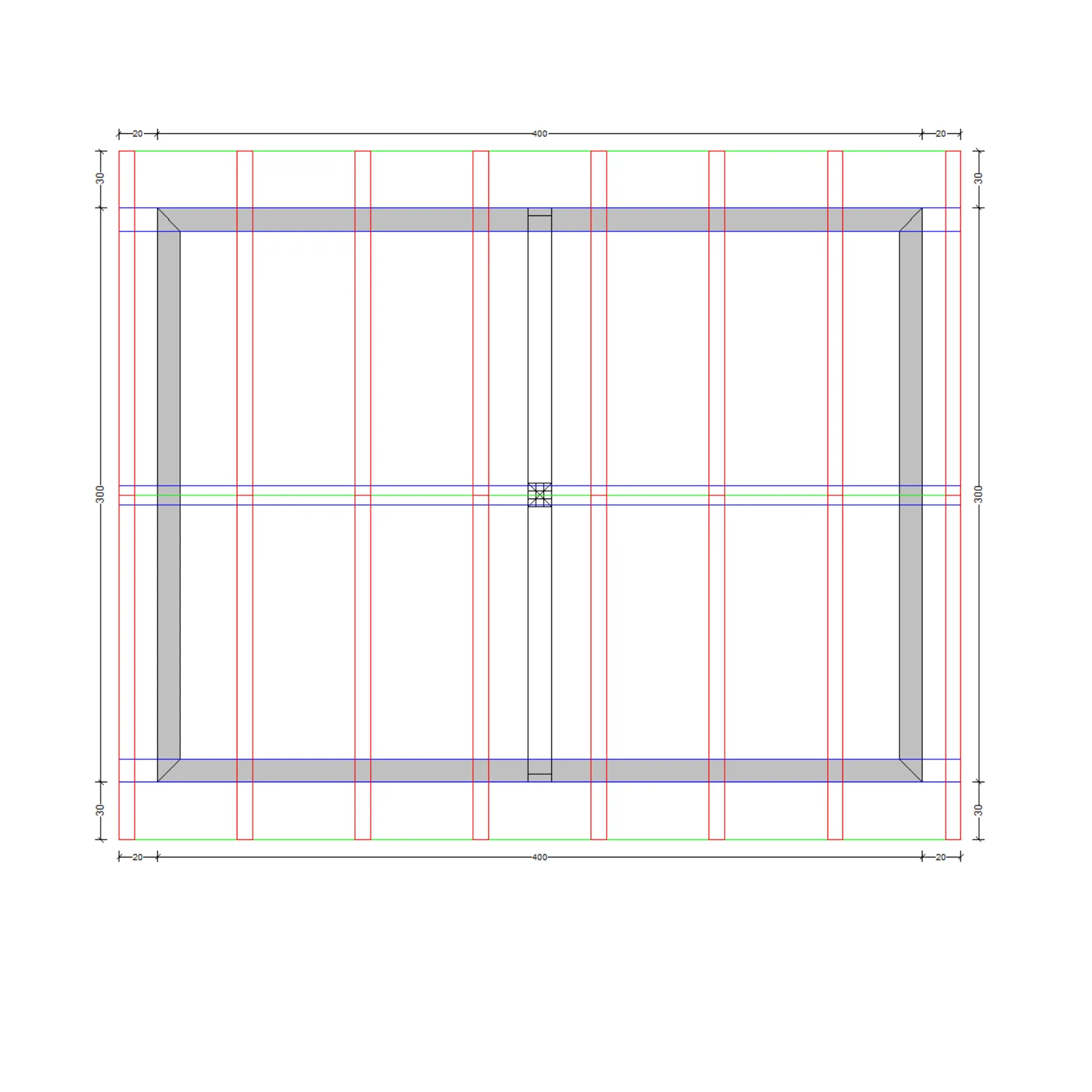 Gartenhaus24 Draufsicht-Bauplan mit Bemaßung, Konstruktionslinien und Farbcodierung