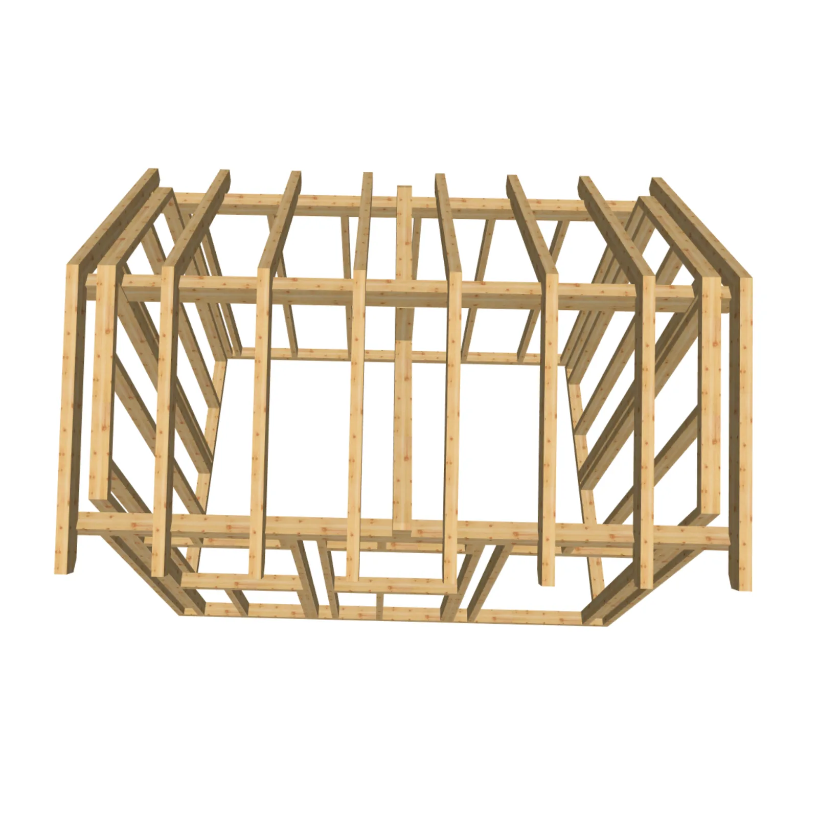 Gartenhaus24 3D-Draufsicht mit sichtbarem Dachgerüst und Holzrahmenstruktur